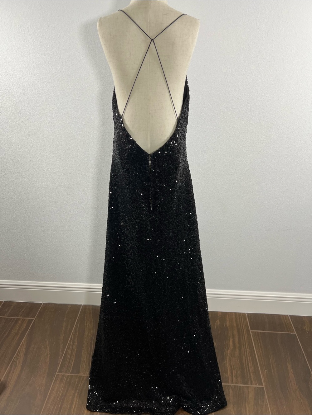 Jill Stuart Black Sequin Backless Gown with Delicate Straps